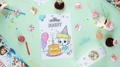 Personalised kids happy birthday colouring pages.