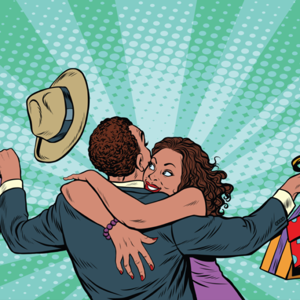 Comic-style picture of a girlfriend hugging her boyfriend who is carrying a lot of gifts.